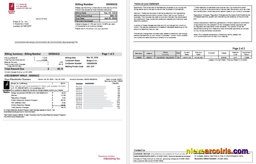 Canada Ontario London Hydro business utility bill